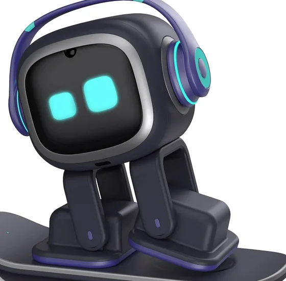 EMO robot front view — glowing cyan LED face of the EMO desktop AI robot pet